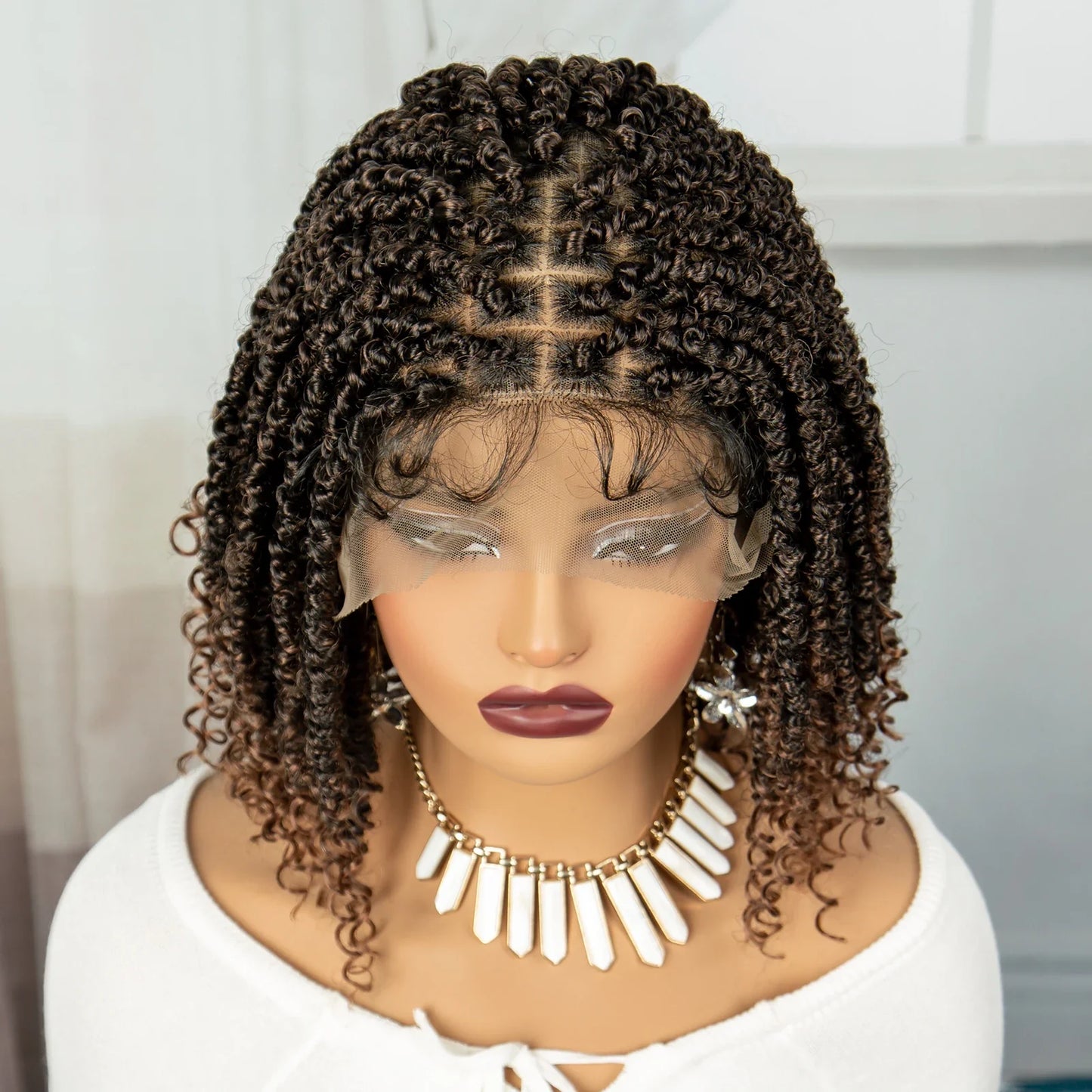 Knotless Box Braided Bob Wig with Curly Ends | Short Twist Braids | Synthetic Lace Front Wig | Handmade for Black Women