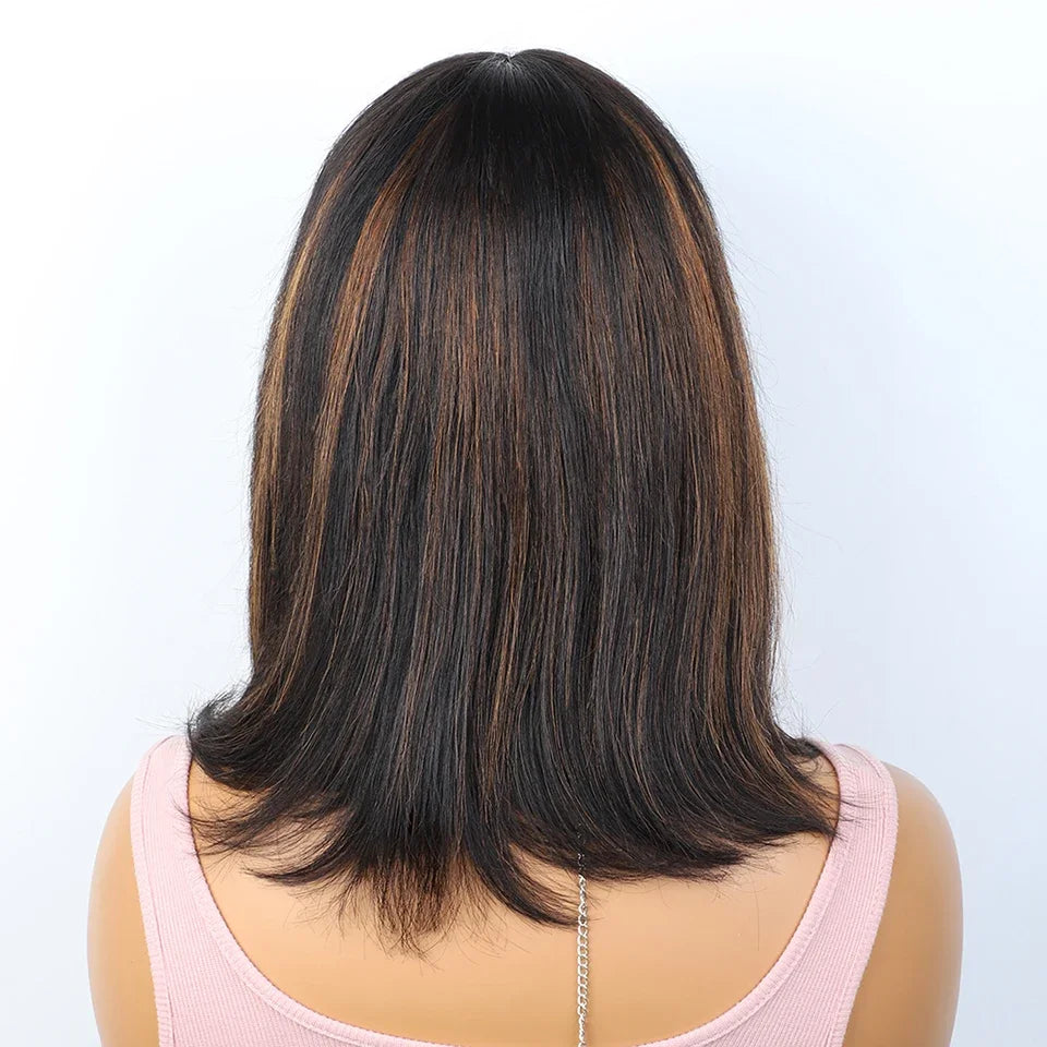 Ombre #4/27 Straight Bob Wig with Bangs | Human Hair Lace Top