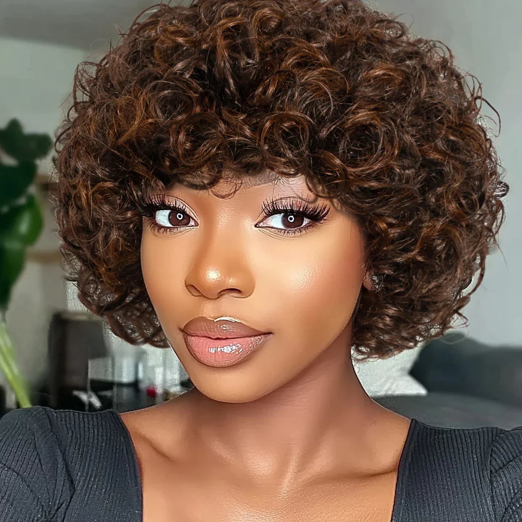 Sleek Short Pixie Afro Kinky Curly Wig with Bangs | Glueless Malaysian Human Hair Bob