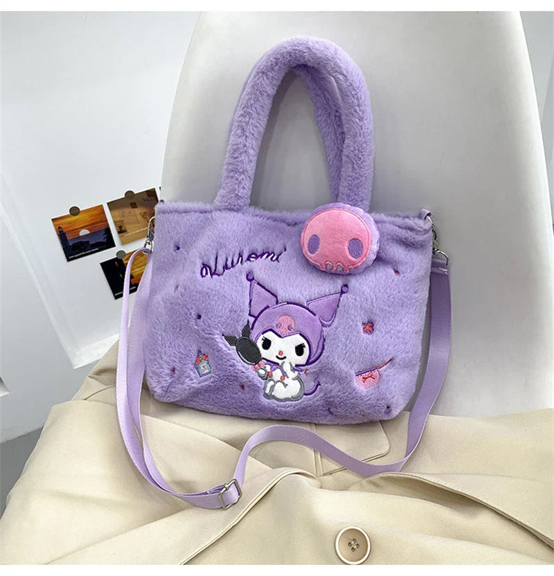 Kawaii Hello Kitty Plush Shoulder Bag | My Melody Cinnamoroll Kuromi Cute Cartoon Anime Handbag (Soft Storage Bag for Women & Girls)