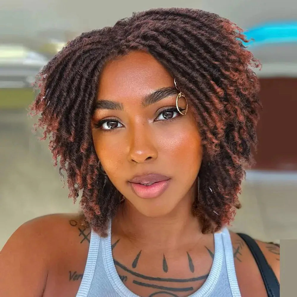 Ombre Brown Short Curly Faux Locs Wig | Crochet Braids | Afro Hip-Hop Style | Black Women