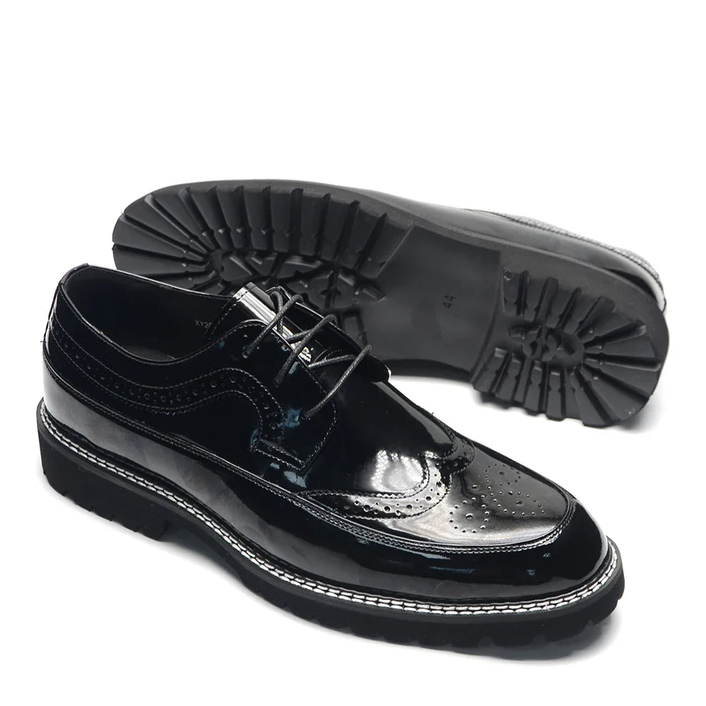 Luxury Men's Black Patent Leather Wingtip Brogue Oxfords | Thick Sole Formal Dress Derby Shoes (Height Increasing)