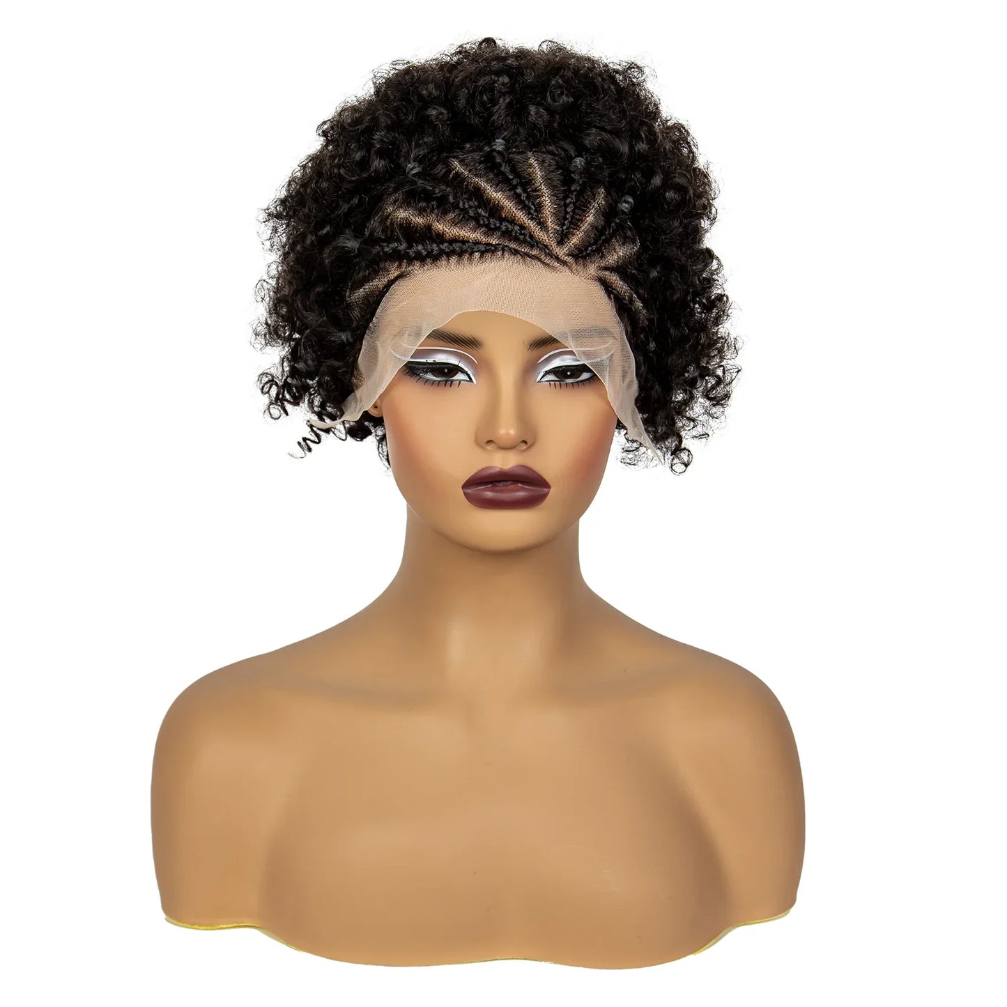 Natural Black Synthetic Braided Wig | 13x4 Transparent Lace Front Short Afro Kinky Curly Braids