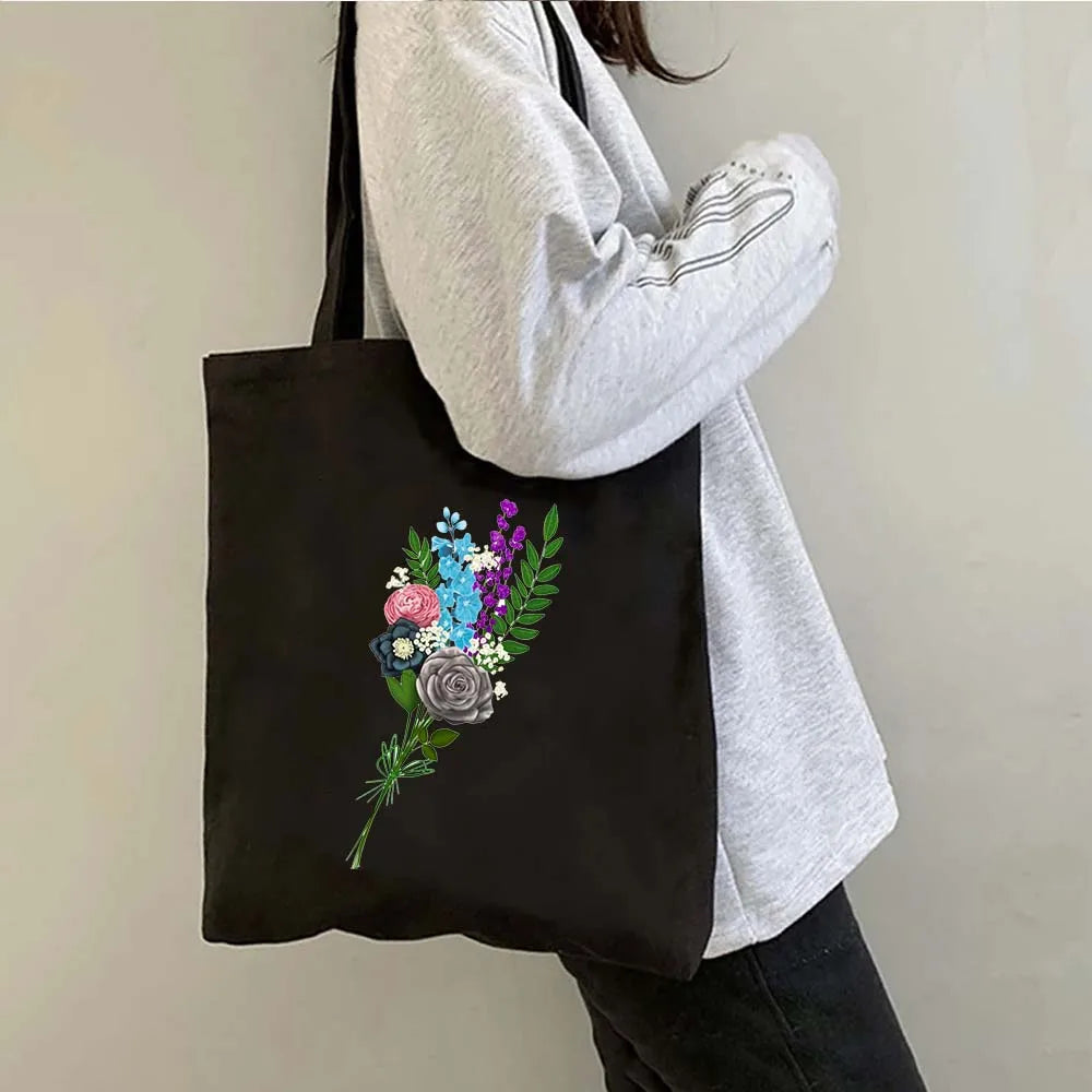 Succulove Floral Cotton Tote Bag | Large Capacity Handbag with Tulips, Hydrangeas, Sunflowers & More (Casual Shoulder Shopper, Eco-Friendly)