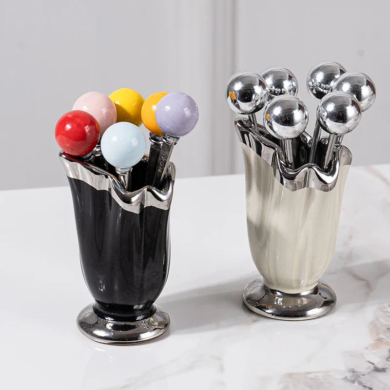 High-end home stainless steel fruit fork and dessert set, with ceramic storage container - innovative fruit fork