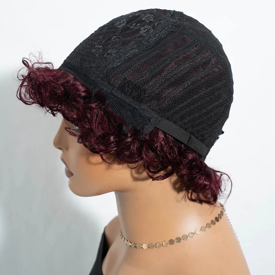 Sleek Short Pixie Afro Kinky Curly Human Hair Wig | Glueless Natural Brown 99J Bob with Bangs