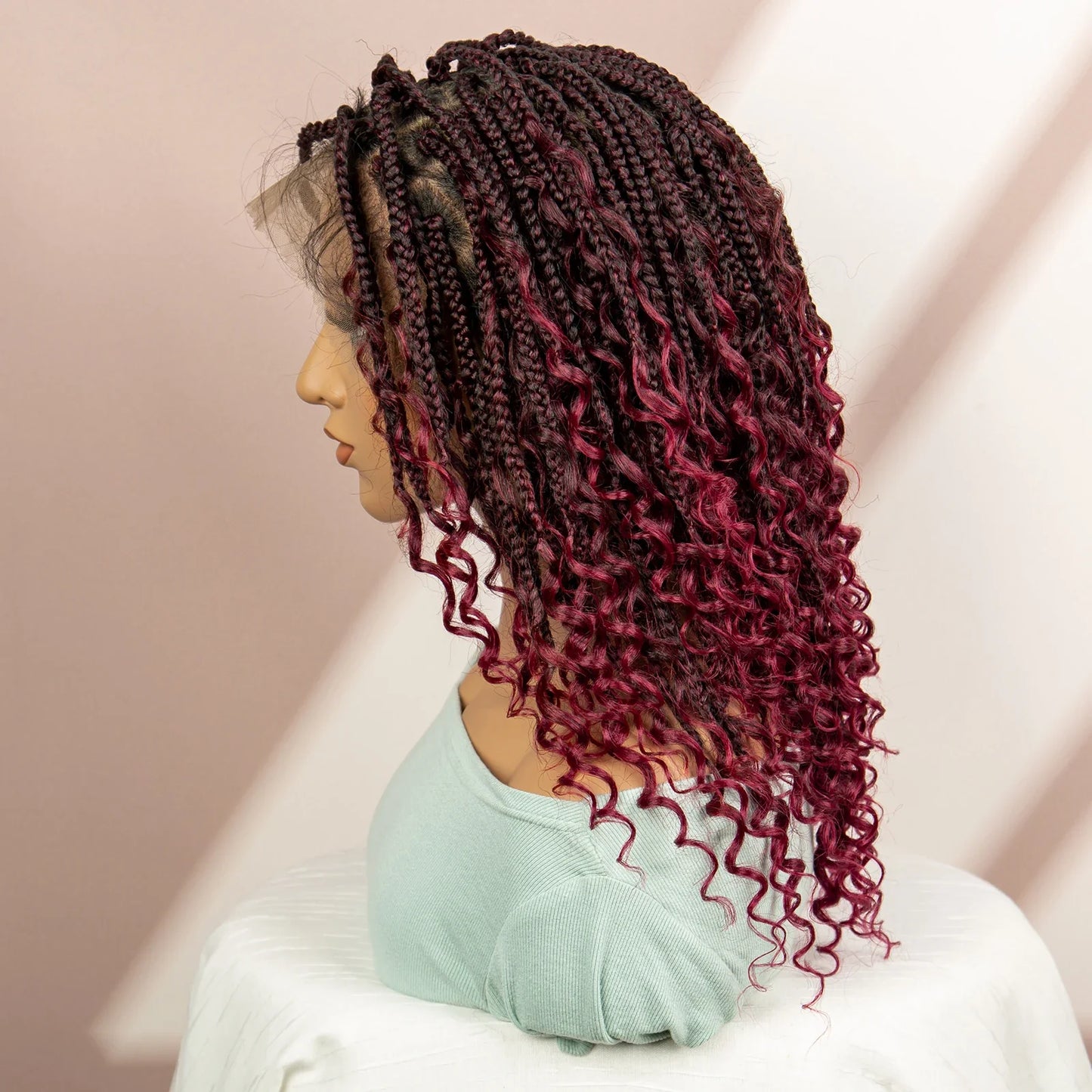 99J Burgundy Knotless Box Braids Wig with Curly Ends | Full Lace