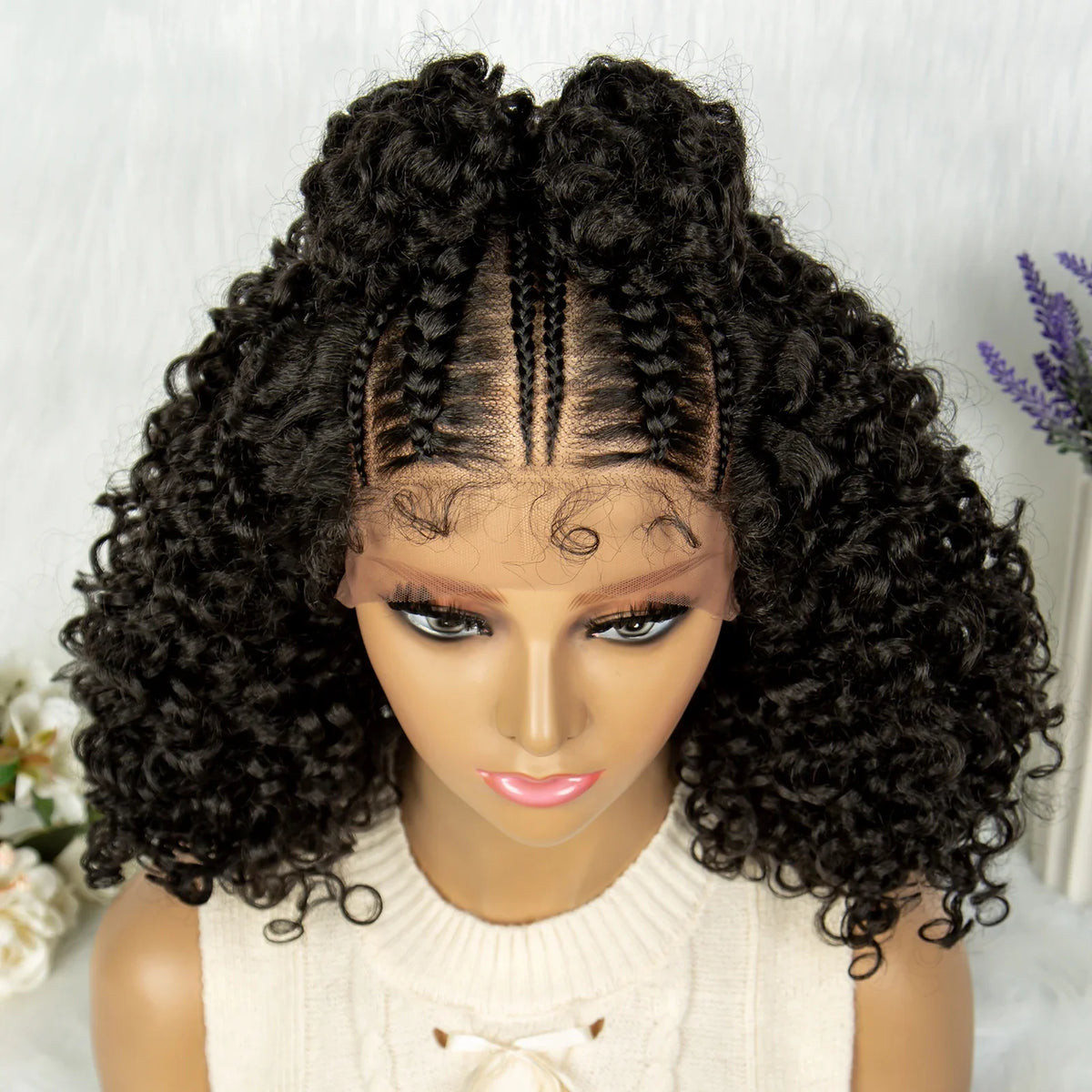 16" Kima Cornrow Twist Curly Bob Wig with Braided Top Knot Bun | 13x4 Lace Front Synthetic Hair