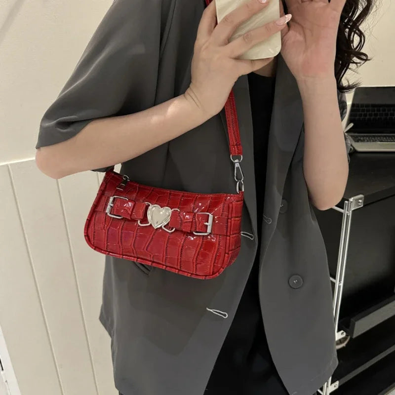 Women's Y2K Peach Heart Butt Leather Handbag | Alligator Pattern Underarm Shoulder Bag with Heart Pin Buckle (Fashion Girls Mini Tote)