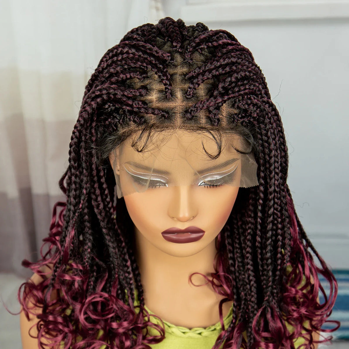 Burgundy Knotless Braids Wig with Curly Ends | 9x6 Lace Front | Blended Box Braids