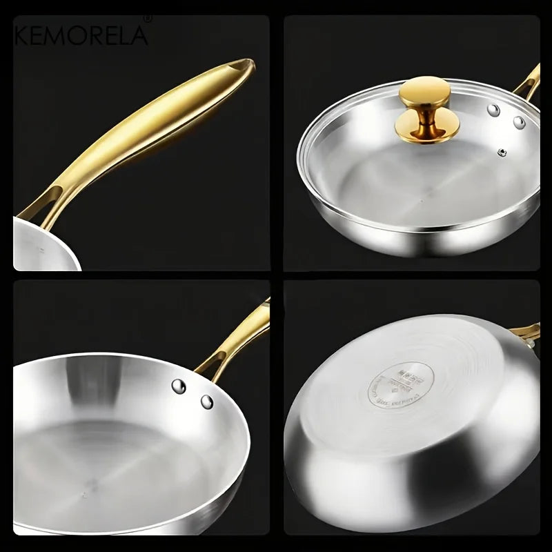 KEMORELA 316 Stainless Steel Frying Pan With Golden Handle Wok Pan Nonstick Cooking Fried Steak Gas Stove Pot Universal Pan