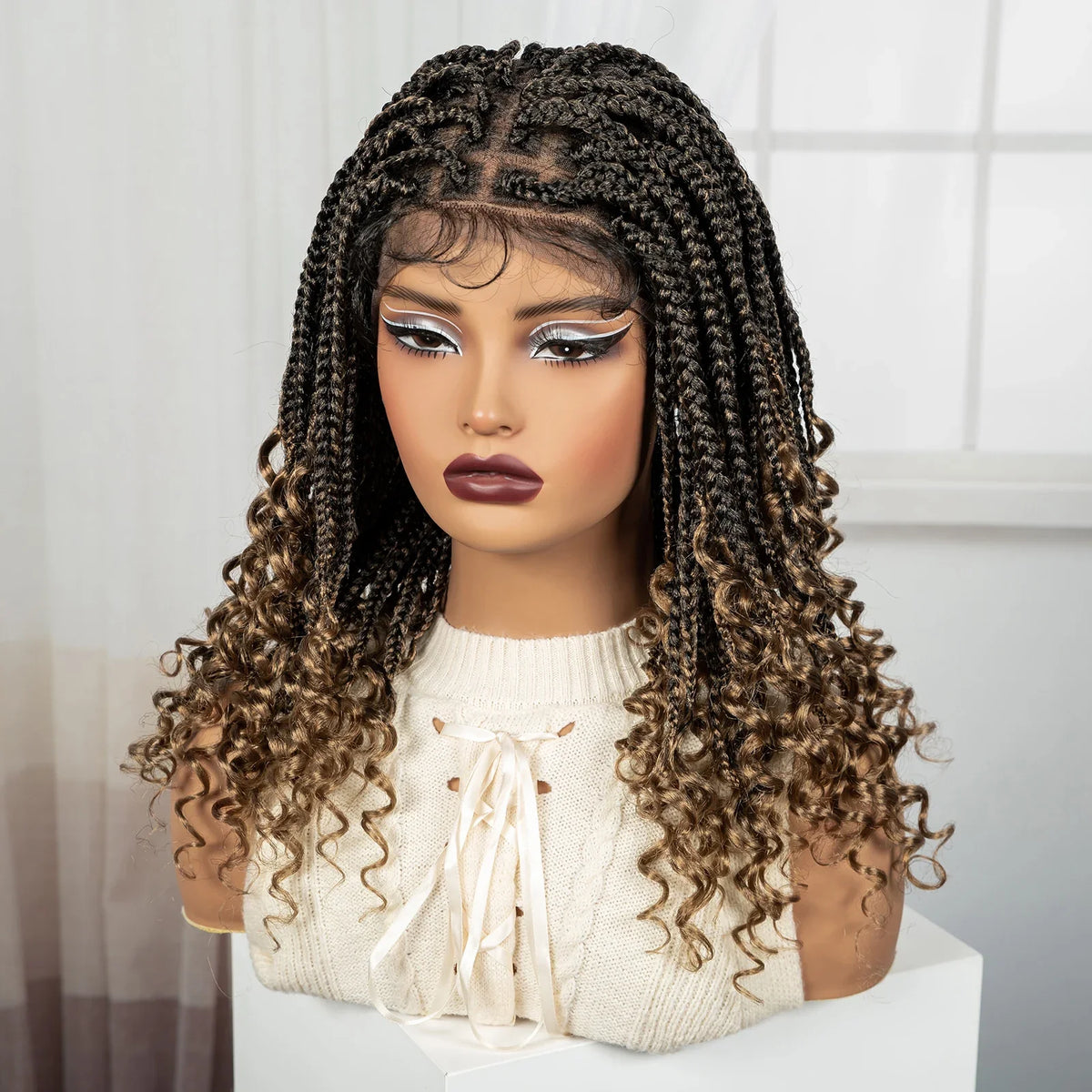 Knotless Box Boho Braided Wig with Curly Ends | Short Bob Style | Full Lace Synthetic Wig for Black Women