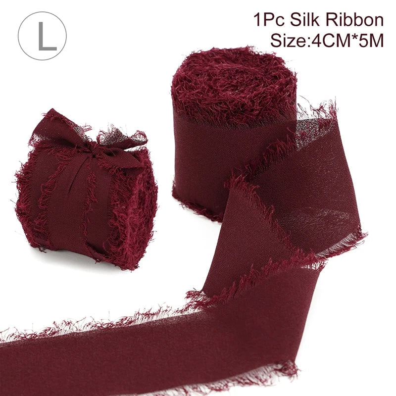 5M Handmade Frayed Edged Satin Chiffon Silk Ribbon For Wedding Invitation Wrapping Bouquets Birthday Party Decorations Gifts