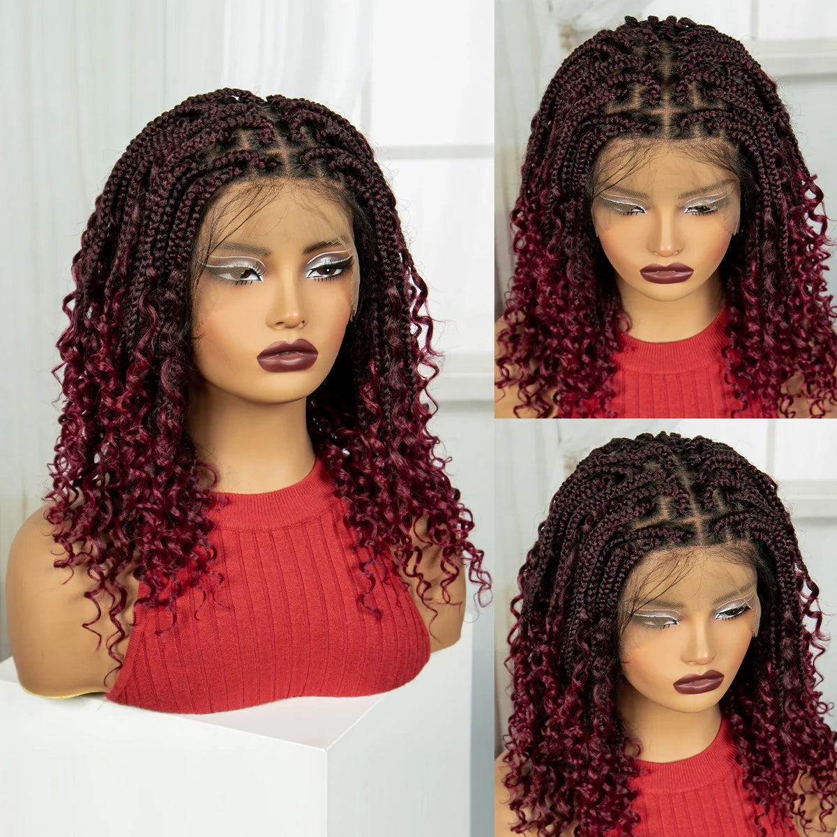 Burgundy Curly Ends Knotless Braids Bob Wig | 99J | Full Lace | Boho Style