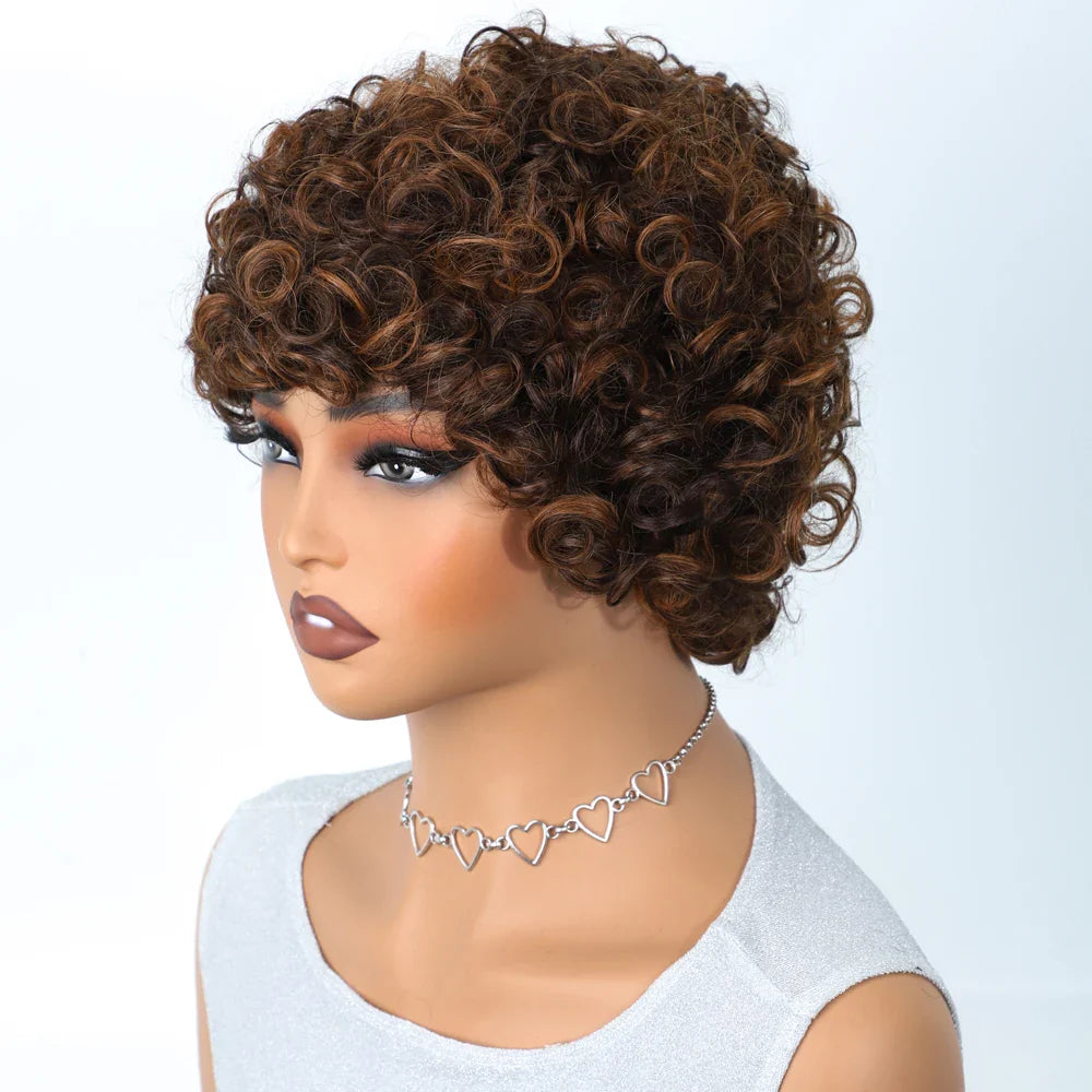 Sleek Peruvian Afro Kinky Curly Pixie Wig | Glueless Natural Brown Human Hair with Bangs
