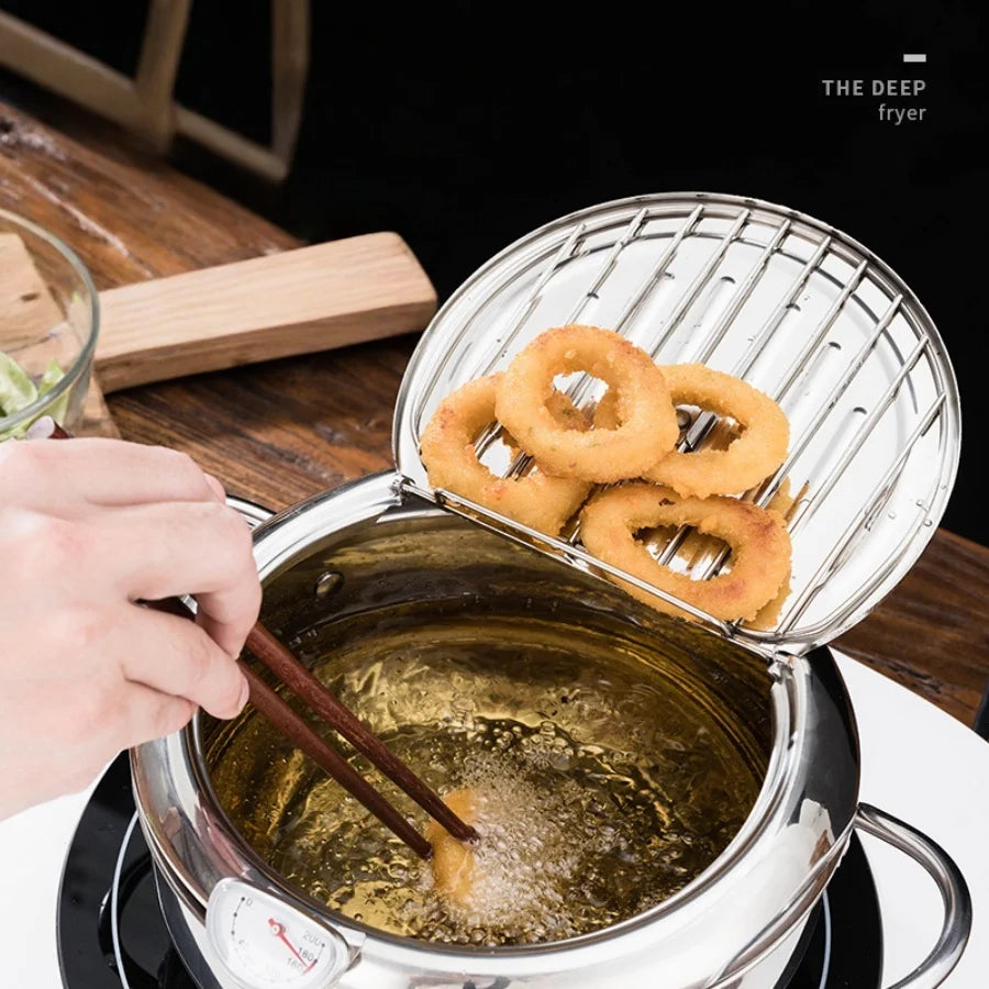 Japanese Deep Frying Pot with a Thermometer and a Lid 304 Stainless Steel Kitchen Tempura Fryer Pan 20 24 cm
