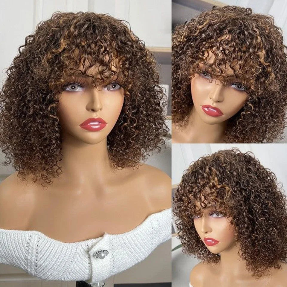 Highlight Honey Blonde Jerry Curly Bob Wig with Bangs | Non-Lace Front Human Hair