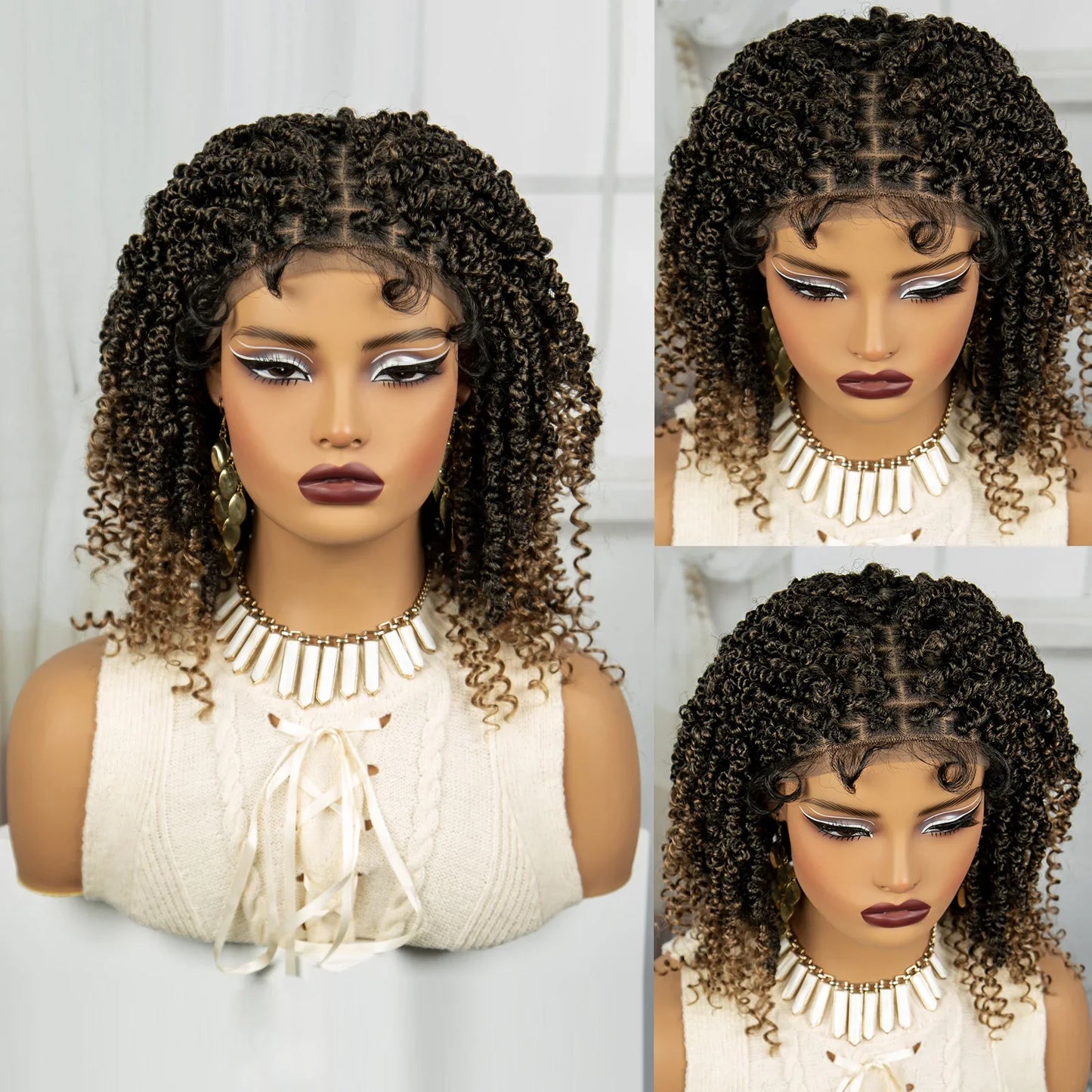 Knotless Box Braided Bob Wig with Curly Ends | Short Twist Braids | Synthetic Lace Front Wig | Handmade for Black Women