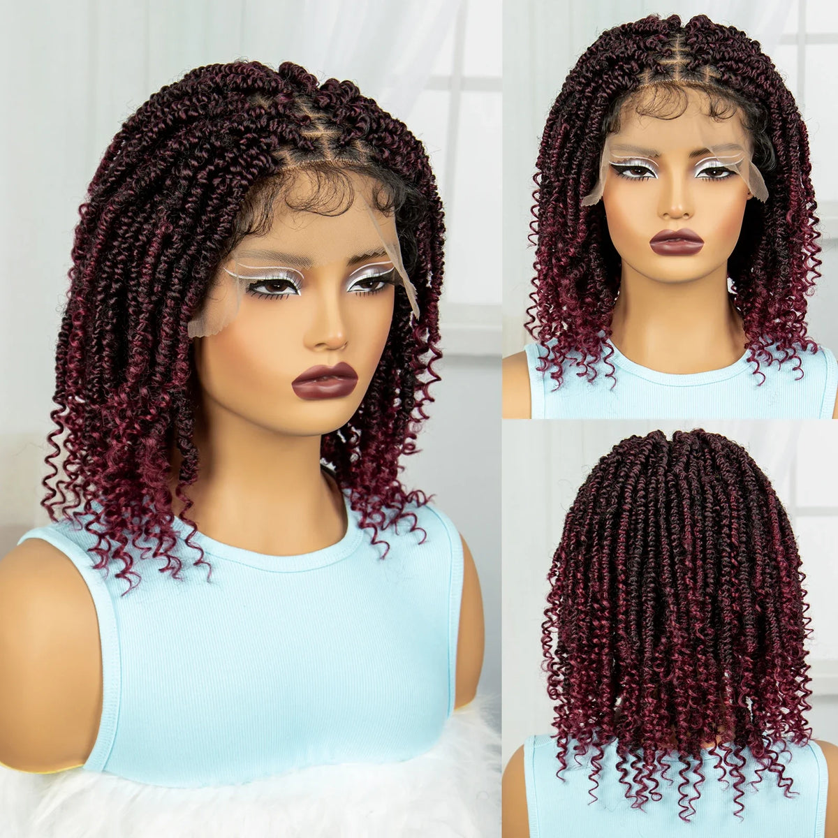 Short Knotless Box Braids Wig with Curly Ends | Handmade Lace Front Bob