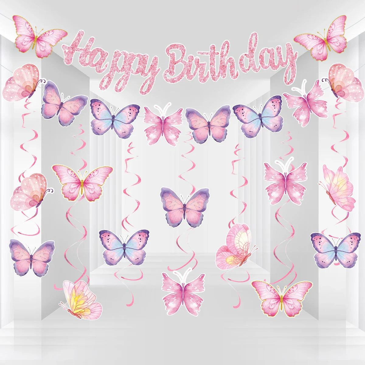 Butterfly Banner Spiral Set Happy 1st Birthday Party Decorations Kids Girls Favors Gifts Spring Butterfly Theme Hanging Pendant