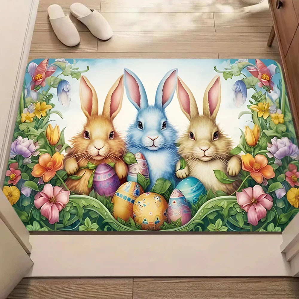 Easter Bunny, Welcome Carpet Easter Egg Rabbit Plant Patterned Door Mat Living Room and Bedroom Soft Non Slip Decorative Rug