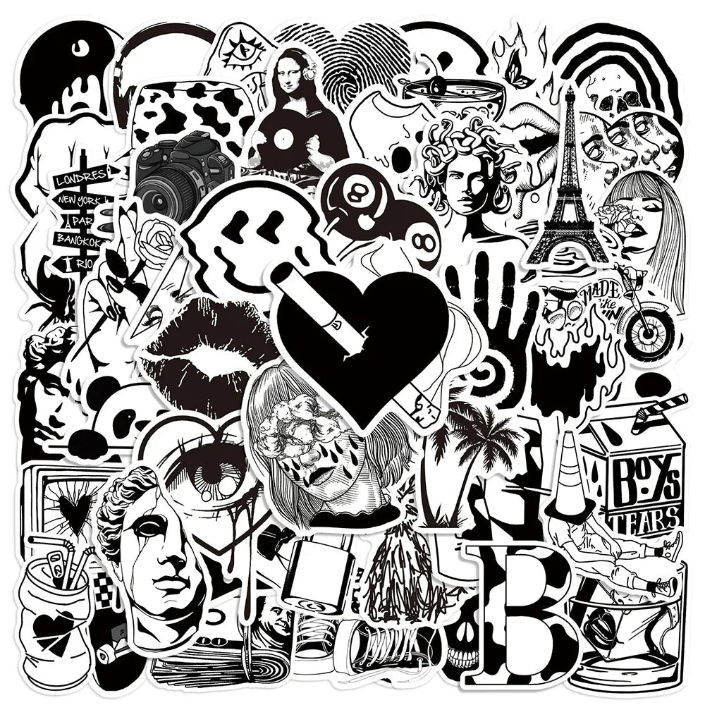 10/30/50pcs Cool Black and White Art Styling Graffiti Stickers Laptop Skateboard Motorcycle Phone Luggage Decoration Sticker Toy