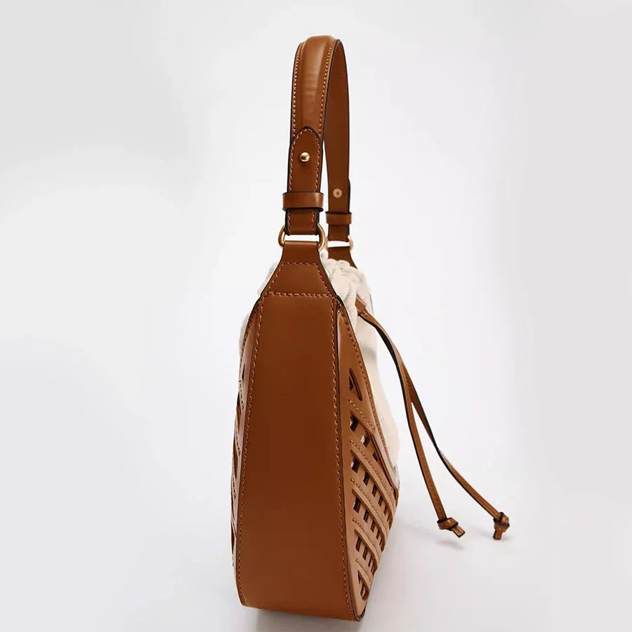 Fashionable Autumn & Winter Woven Hollow Shoulder & Crossbody Bag | Retro Versatile Travel Contrast Color Large Capacity Canvas Handbag