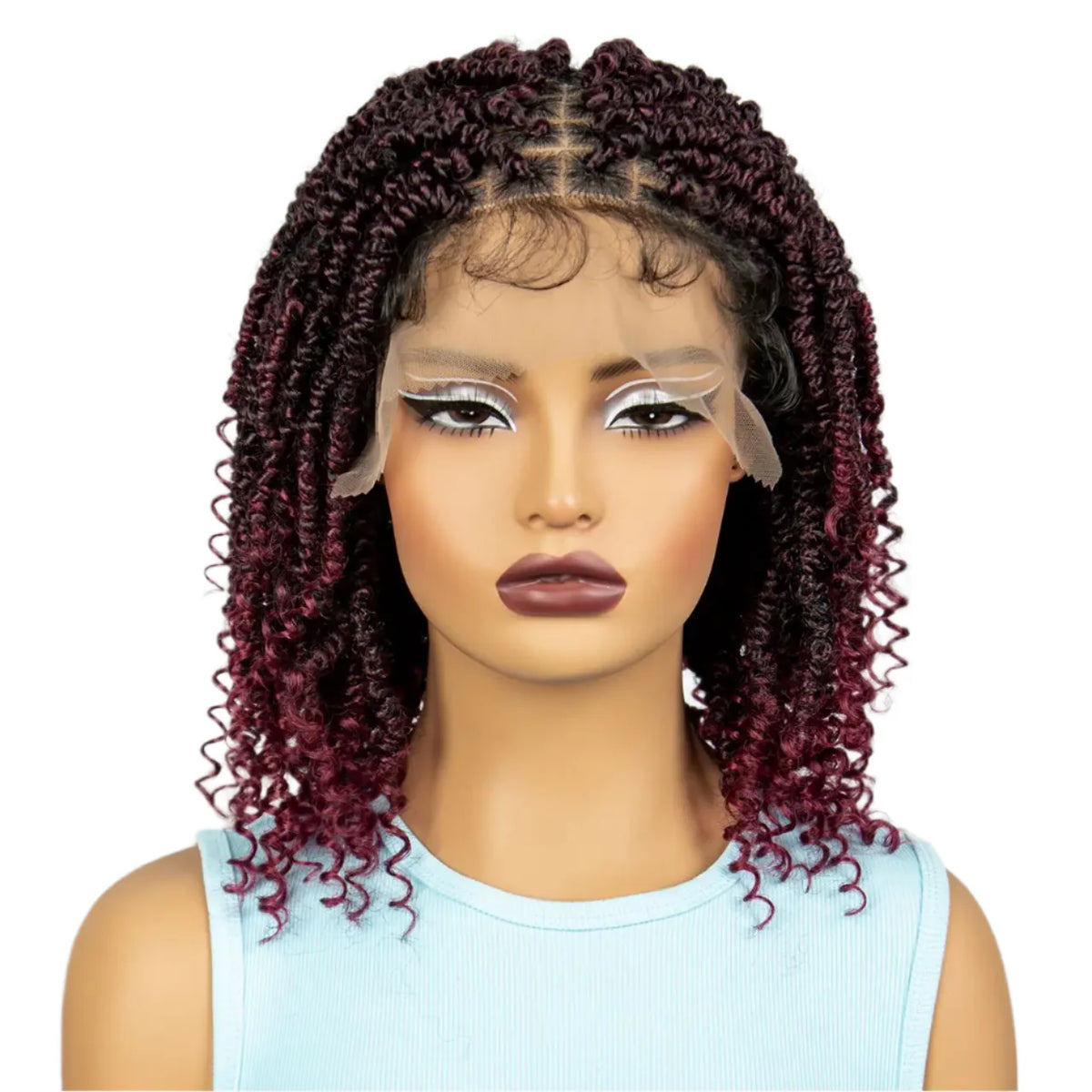 Knotless Box Braided Bob Wig with Curly Ends | Short Twist Braids | Synthetic Lace Front Wig | Handmade for Black Women