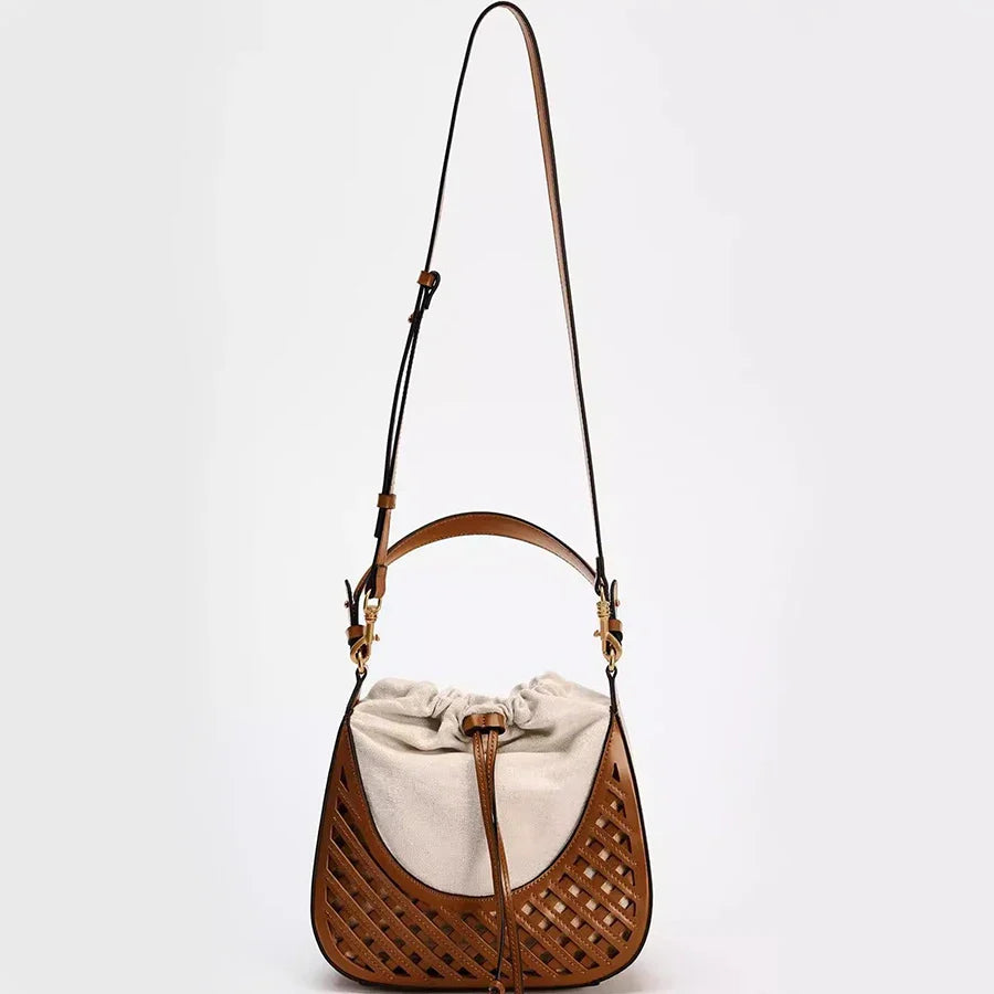 Fashionable Autumn & Winter Woven Hollow Shoulder & Crossbody Bag | Retro Versatile Travel Contrast Color Large Capacity Canvas Handbag
