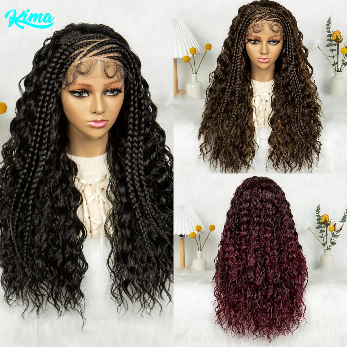 Burgundy Cornrow Stitch Curly Braids Wig | 13x4 Lace Front | Baby Hair | KIMA