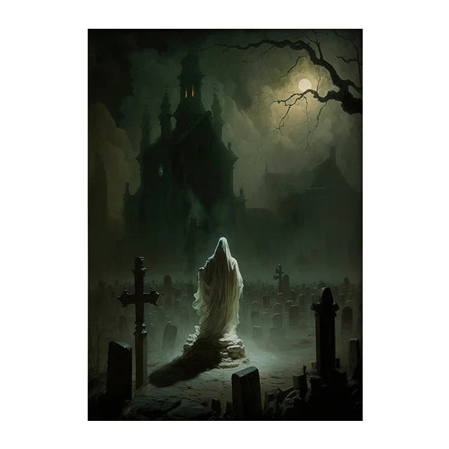 Retro Crow Witch Bat Skull Dark Academia Gothic Victorian Style Wall Art Canvas Painting Poster Print Halloween Gifts Room Decor