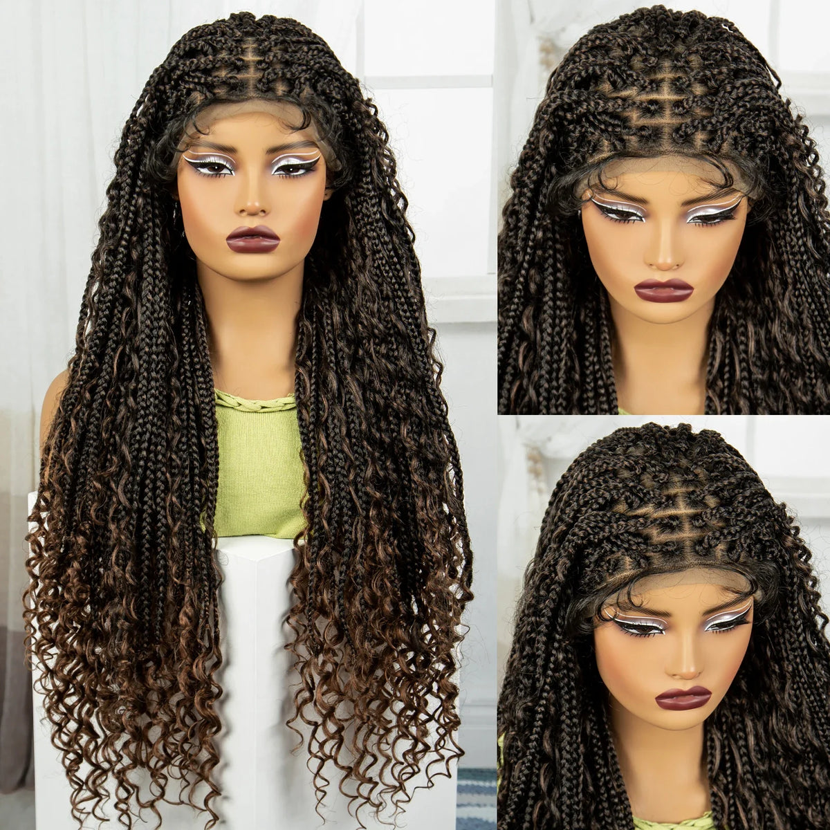 Ombre Boho Knotless Braids Wig | Curly Ends | Lace Front | Baby Hair