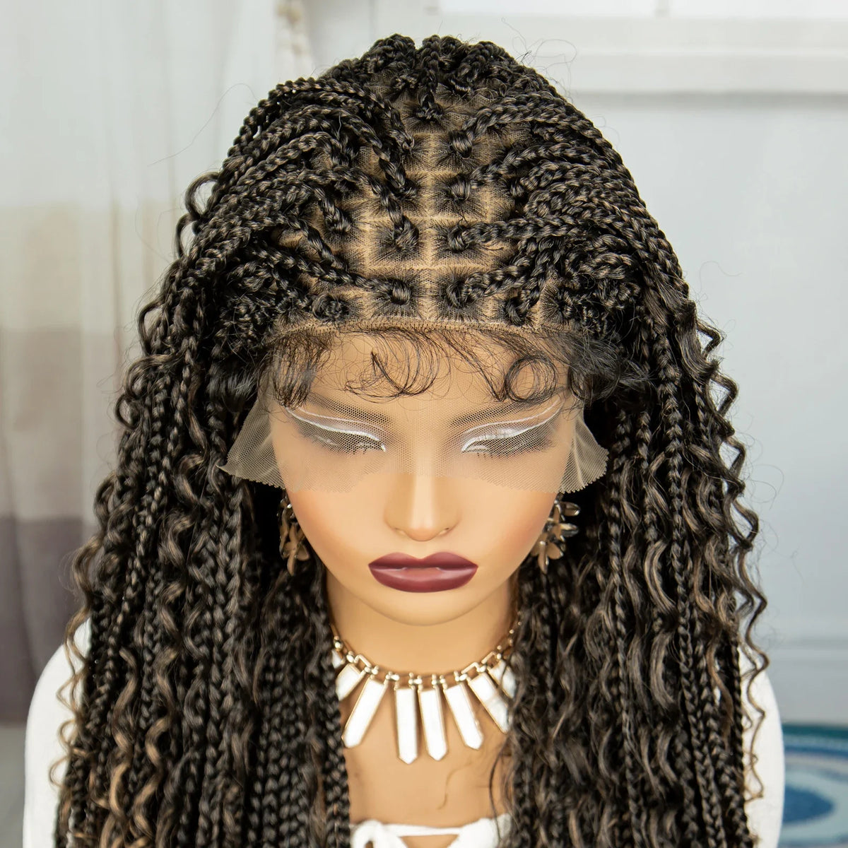 Ombre Boho Knotless Braids Wig | Curly Ends | Lace Front | Baby Hair