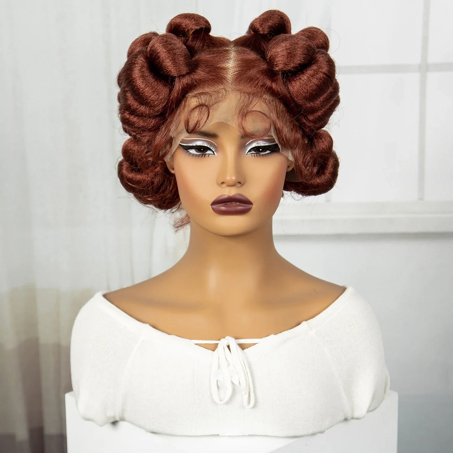 Short Cute Ginger Bantu Knotless Braids Wig | Full Lace Handmade