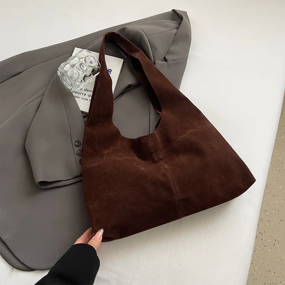 Women's Faux Suede Tote Bag | Vintage Large Capacity Shoulder & Underarm Handbag (Designer Style, Simple Commuting Bag)