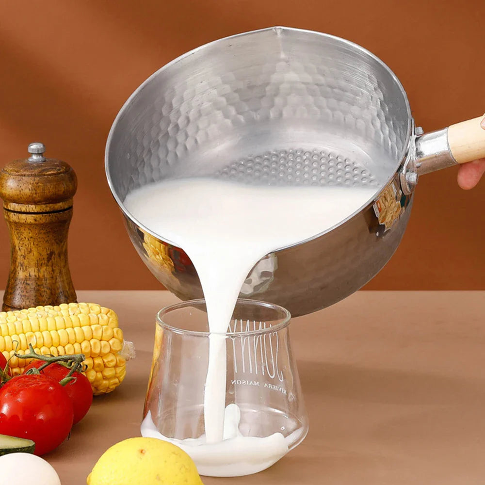 430 Stainless Steel Soup Pot Japanese Snow Pan Frying Wok Wooden Handle Stew Saucepan Milk Pot Kitchen Utensils Kitchen Cookware