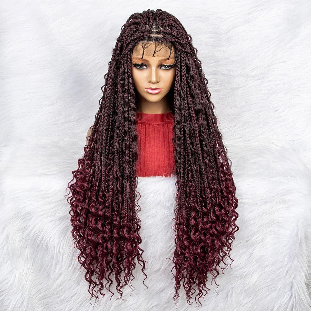 Curly End Box Braids Lace Frontal Wig with Baby Hair | Synthetic Full Lace Braided Wig for Black Women