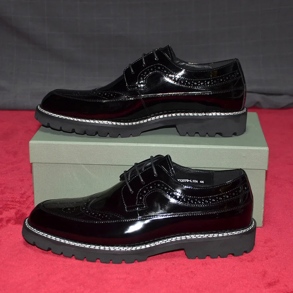 Luxury Men's Black Patent Leather Wingtip Brogue Oxfords | Thick Sole Formal Dress Derby Shoes (Height Increasing)