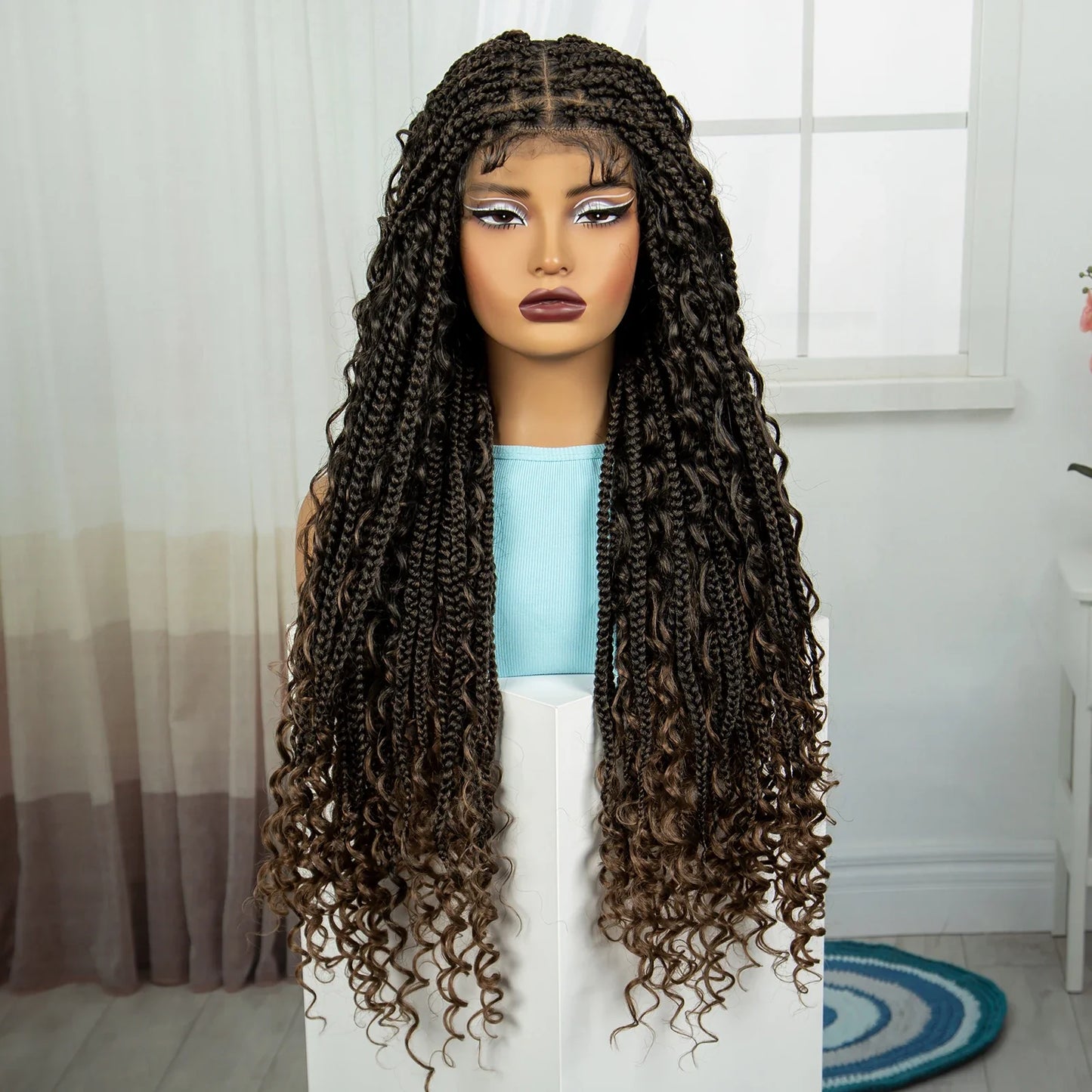 Ombre Knotless Braids Wig | Curly Ends | Full Lace | Baby Hair | Handmade