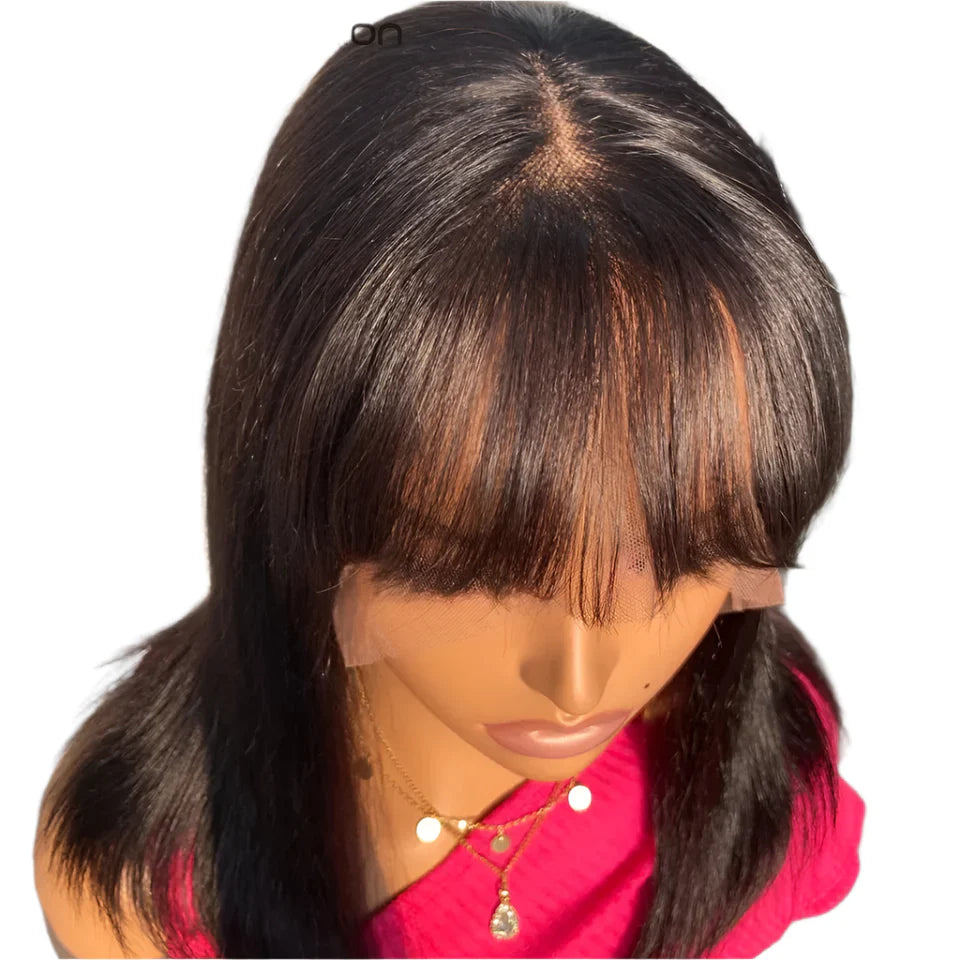 Reddish Brown Bob Wig | Straight Human Hair Lace Front with Bangs