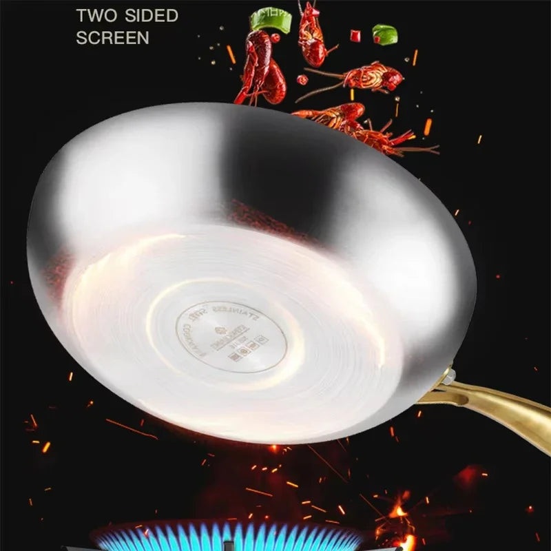 KEMORELA 316 Stainless Steel Frying Pan With Golden Handle Wok Pan Nonstick Cooking Fried Steak Gas Stove Pot Universal Pan