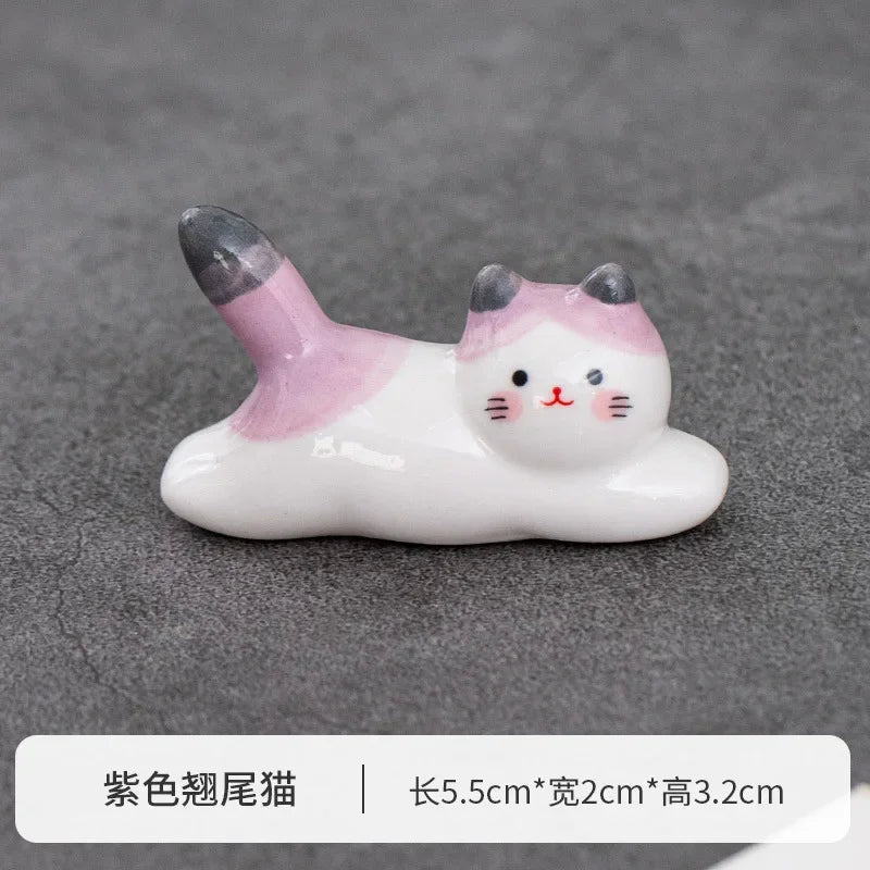 Japanese Style Underglaze Ceramic Cute Cat Chopstick Holder Tableware Restaurant Simple Oval Spoon Bracket Utensil for Kitchen