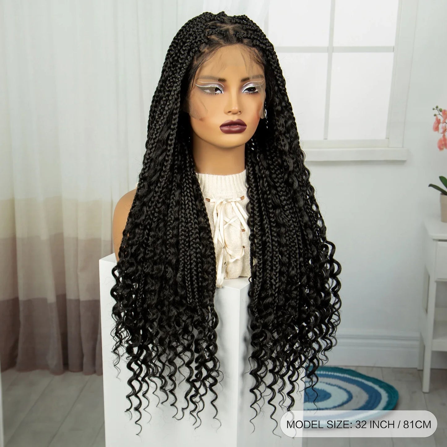 32 Inch Natural Curly Boho Box Braids Wig - Knotless - Full Lace - Synthetic - with Baby Hair