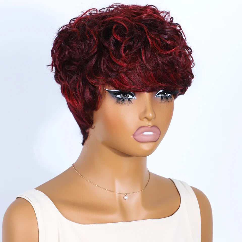 Pixie Short Cut Wavy Curly Human Hair Wig | Brazilian Remy Machine Made Wig for Women