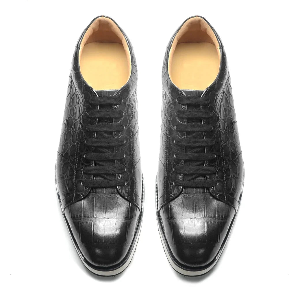 Men's Fashion Casual Sneakers | Genuine Cowhide Leather Crocodile Pattern Skateboard Shoes (Lace-up, Non-slip)