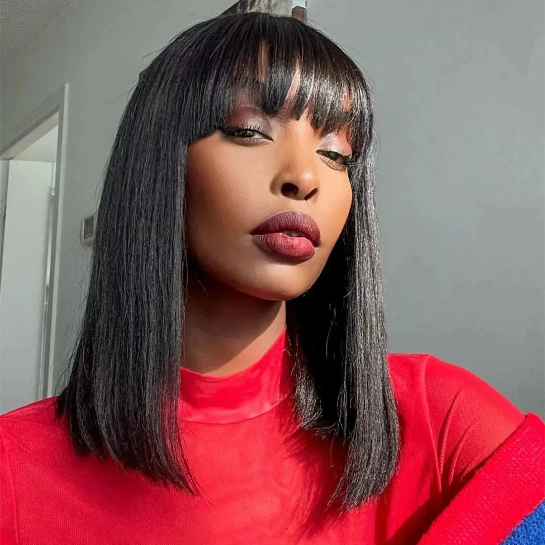 Short Straight Bob Wig with Bangs | "Put On & Go" Human Hair for Black Women (On Sale)