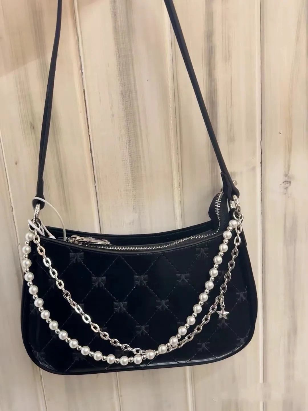 Women's Shoulder Bag | Elegant Cute Bow Pearl Chains & Embroidery Handbag (Casual Leather Korean Fashion Female Handbag)