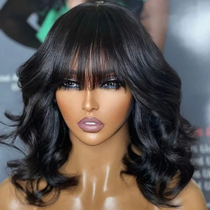 Glueless Body Wave Bob Wig with Bangs | Ready-to-Go Full Machine Made Brazilian Remy Human Hair Wigs for Women