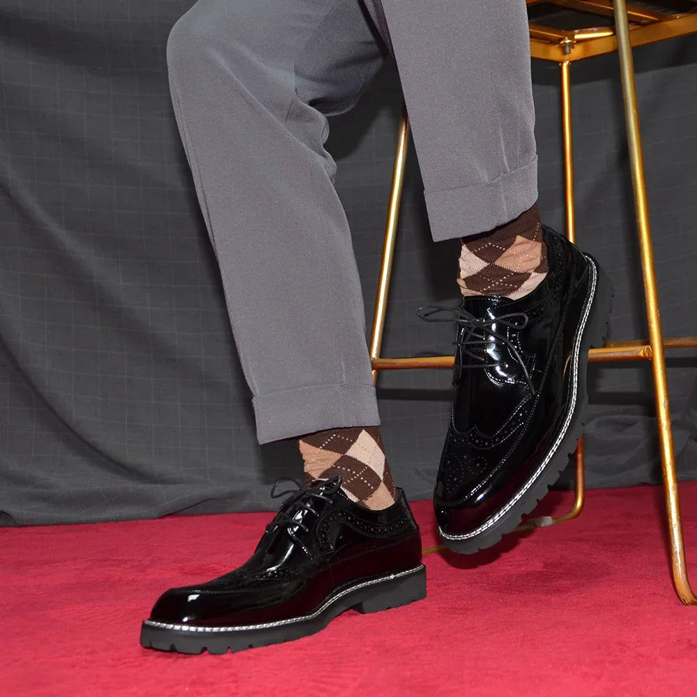 Luxury Men's Black Patent Leather Wingtip Brogue Oxfords | Thick Sole Formal Dress Derby Shoes (Height Increasing)