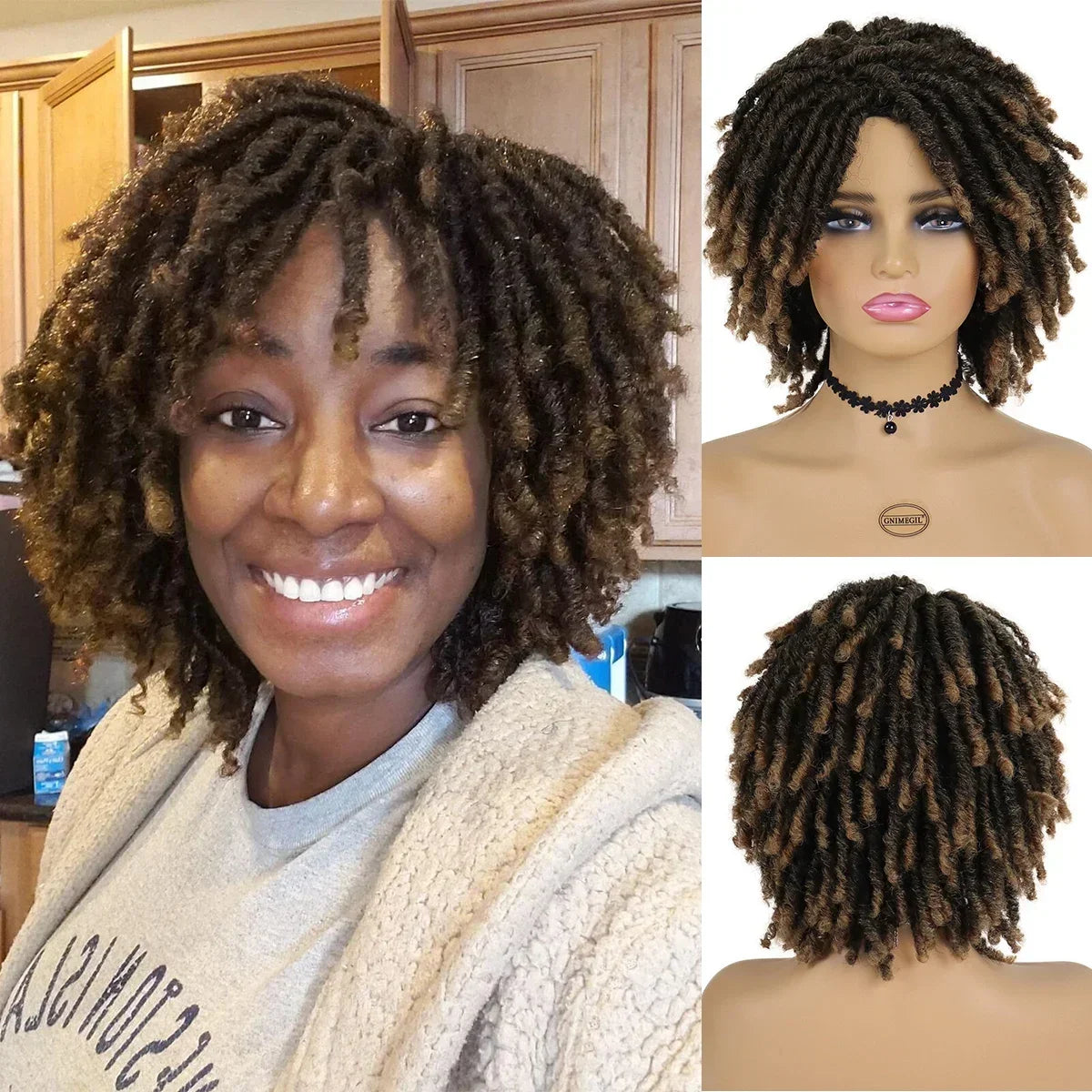 Ombre Brown Short Curly Faux Locs Wig | Crochet Braids | Afro Hip-Hop Style | Black Women